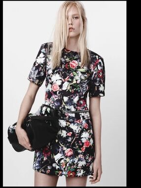 Alexander McQueen Black Floral Mini Dress with Pink Roses and White Daisies